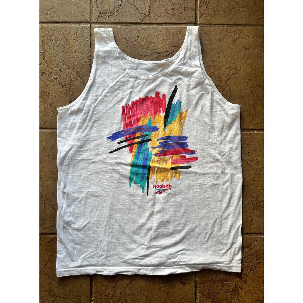 Vintage Reebok Tank Top Mens XL White Abstract Graphic 90s Style